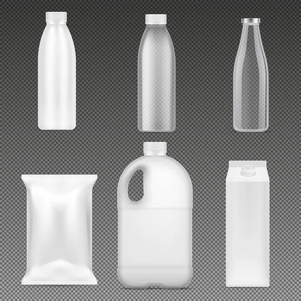 Mjölkpaket Realistiska Uppsättning Glasflaskor Med Lock Och Plastbehållare Isolerade Transparent — Stock vektor