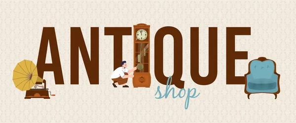 Antiquité Boutique Composition Texte Plat Orné Entouré Homme Horloge Fauteuil — Image vectorielle