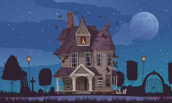 Affiche Maison Horreur Avec Bâtiment Négligé Avec Cimetière Nocturne Sur — Image vectorielle