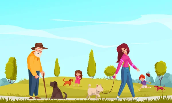 犬は公園のベクトルイラストで幸せなペットの所有者と漫画のポスターを歩く — ストックベクタ