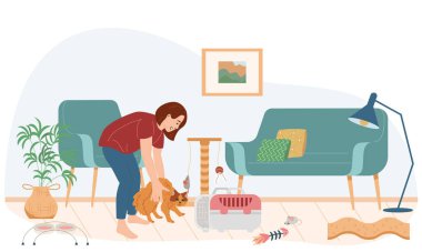 Kedi aksesuarları ev hayvanı taşıyıcısı ve kedi vektörü illüstrasyonuyla oturma odasının içi düz.