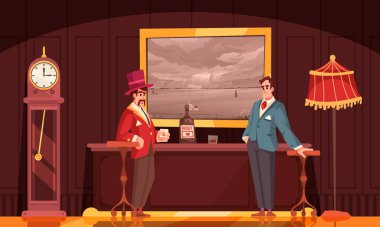 Centilmenler Kulübü karikatür posteri ve süslü kıyafet vektörü çizimleri.