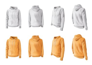 Realistic hoodie and hooded sweatshirt icons set in white and yellow colors isolated vector illustration clipart