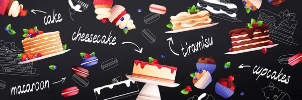 ケーキのマカロンカップケーキティラミスチーズケーキとデザートフラット水平シームレスパターンバナー黒の背景ベクトルイラスト — ストックベクタ
