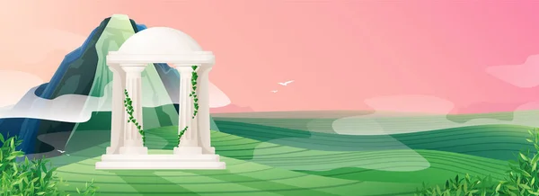 希腊风格混凝土凉亭的平面景观 柱上有藤蔓 绿色山谷矢量图解 — 图库矢量图片