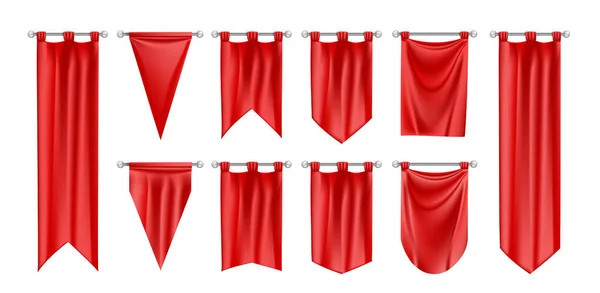 Реалістичний Набір Макетів Прапорів Ізольованими Зображеннями Висячих Червоних Псевдонів Різної — стоковий вектор