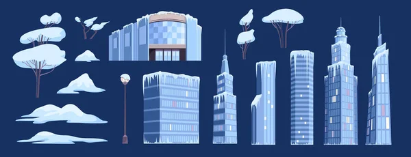 雪のベクトル図の都市の建物や木の孤立要素と氷の雪の近代的な都市の背景セット — ストックベクタ