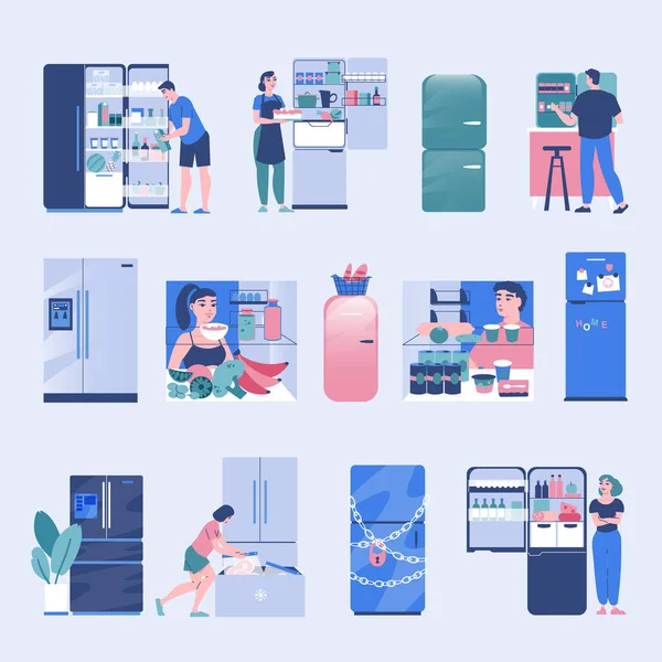 Холодильник Люди Кольоровий Набір Людських Персонажів Використанням Холодильника Вдома Зберігання — стоковий вектор