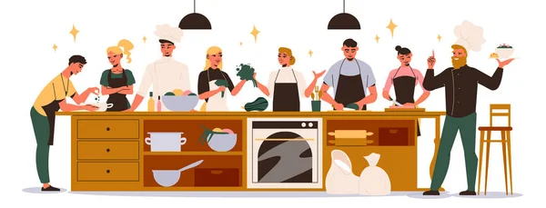 Кулінарні Класи Плоска Композиція Групою Дорослих Людей Які Готують Разом — стоковий вектор