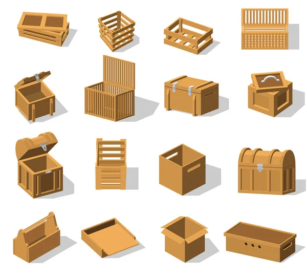 Krabice Set Izolovanými Těžkopádné Ikony Vinobraní Moderní Dřevěné Krabice Prázdné — Stockový vektor