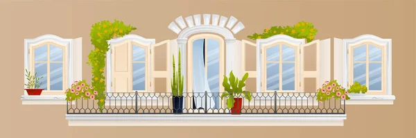 Vintage Balkonsamenstelling Beige Wand Met Vijf Witte Ramen Hek Bloembedden — Stockvector