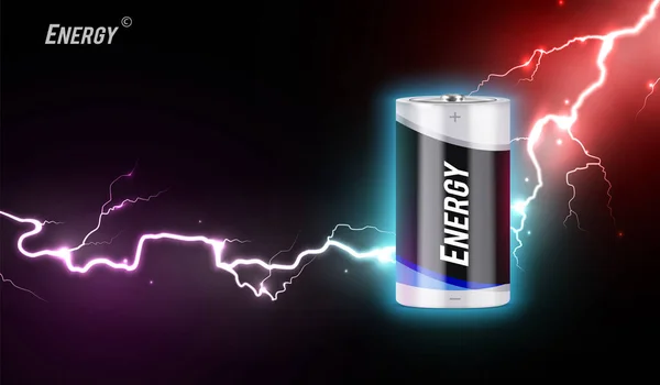 Energie Gefärbte Realistische Zusammensetzung Mit Elektrischer Batterie Bei Blitz Hintergrund — Stockvektor