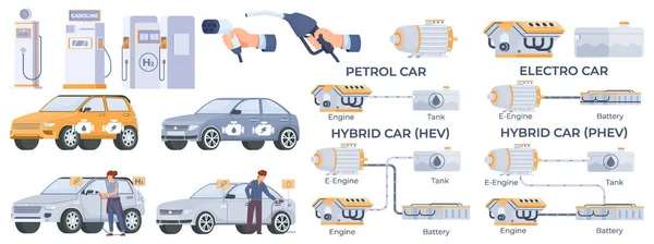 Zestaw Samochodów Hybrydowych Symbolami Transportu Płaski Izolowany Wektor Ilustracji — Wektor stockowy