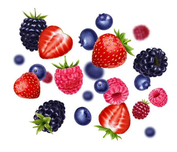 用草莓蓝莓覆盆子和模糊元素与白色背景矢量图解的现实飞行浆果 — 图库矢量图片