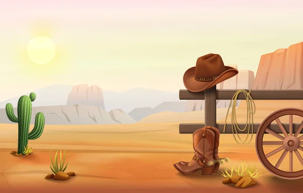 西部卡通画 户外沙漠景观 牛仔靴 篱笆矢量图上的帽子 — 图库矢量图片