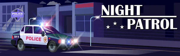 Polizia Trasporto Composizione Piatta Con Sfondo Orizzontale Notte Paesaggio Stradale — Vettoriale Stock
