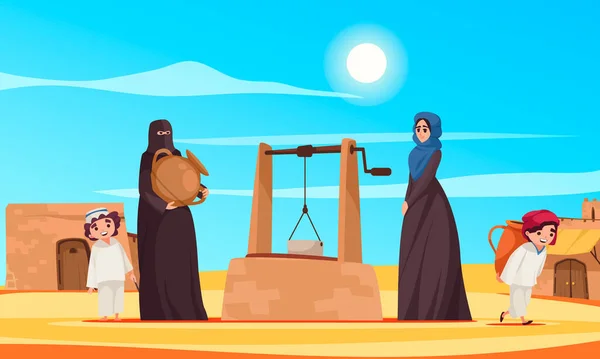 Desert Scene Cartoon Poster Women Traditional Clothes Well Vector Illustration — Stock Vector