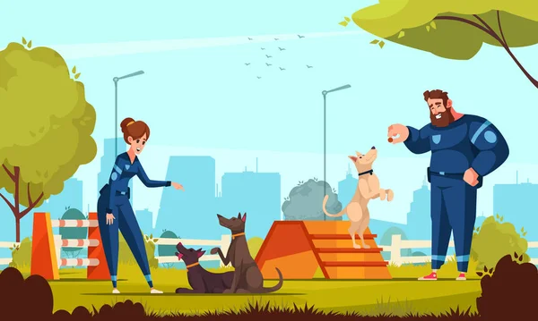 Cynologist Poster Cartone Animato Con Gente Formazione Cani Sul Parco — Vettoriale Stock