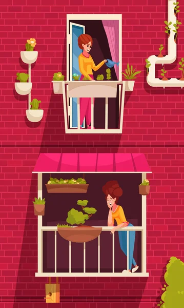 窓辺に植物を散水する人々と都市の園芸漫画のコンセプトベクトルイラスト — ストックベクタ