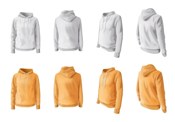 Realistic Hoodie Hooded Sweatshirt Icons Set White Yellow Colors Isolated — Stock Vector