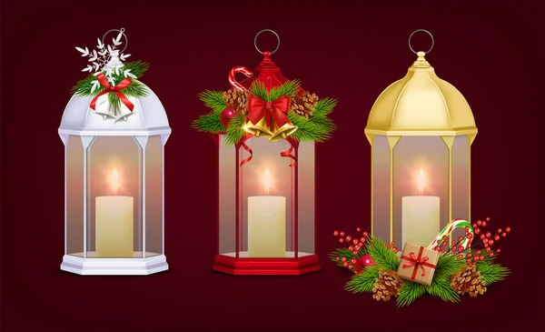 Vánoční Lucerna Realistický Set Dekorací Pro Oslavy Symboly Izolované Vektorové — Stockový vektor