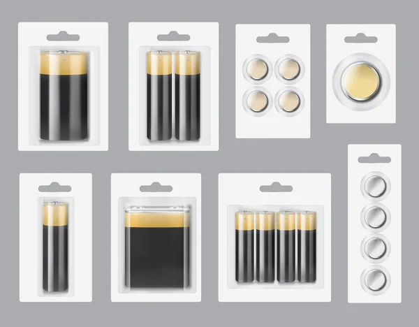 Paquets Batteries Ensemble Réaliste Avec Symboles Capacité Illustration Vectorielle Isolée — Image vectorielle