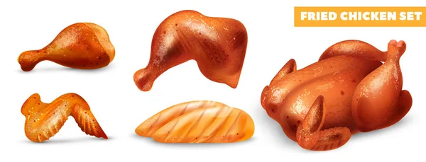 Realistisk Stekt Kyckling Set Med Rostade Kadaver Bröst Vinge Ben — Stock vektor