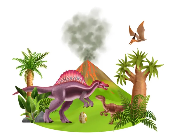 Jurassisk Period Landskap Sammansättning Med Realistiska Dinosaurier Ägg Vulkan Och — Stock vektor