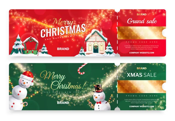 Set Two Realistic Horizontal Color Background Shiny Christmas Sale Ticket — Stock Vector
