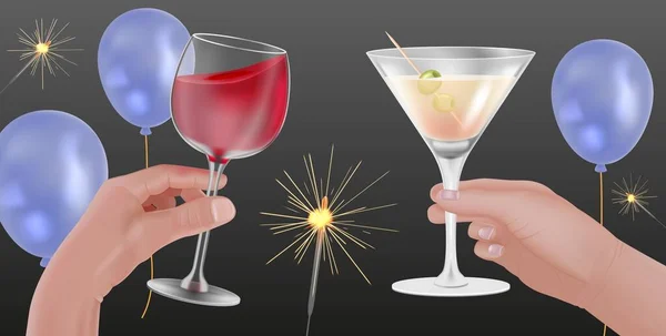 Menschliche Hände Mit Gläsern Rotwein Und Martini Bei Einer Party — Stockvektor