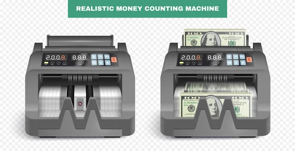 Set Dvěma Izolovanými Realistickými Pohledy Stroj Počítání Peněz Načtenými Penězi — Stockový vektor