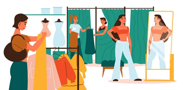 Yeni Kıyafet Vektörü Illüstrasyonunu Seçen Deneyen Kadın Alıcılarla Aynı Odada — Stok Vektör