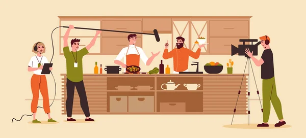 평평하고 요리사 캐릭터가 요리하는 비디오카메라 앞에서 촬영된 일러스트 — 스톡 벡터