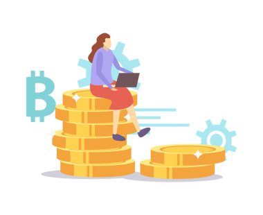 ICO engelleme zinciri kripto para birimi küçük insan karakterleri vektör illüstrasyonlu düz iş simgelerinin bileşimi