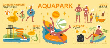 Yüksek slaytlı ve havuz eğlencesi vektör illüstrasyonlu Aquapark düz bilgi grafikleri