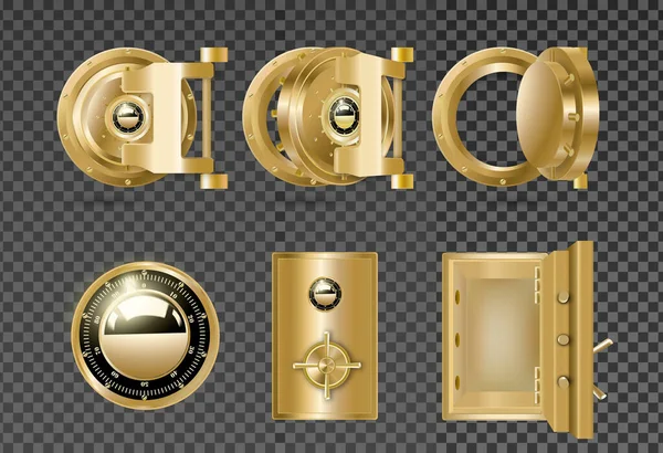 Realistic Set Golden Metal Bank Vault Doors Isolated Transparent Background — Stock Vector