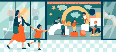 Çocuk oyun odası kompozisyonu, açık hava alışveriş merkezi girişine bakan, yürüyen bir anne ve çalışan bir çocuk vektör çizimi.