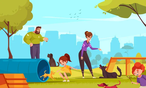 Kutya Játszótér Rajzfilm Poszter Felnőttekkel Gyerekekkel Traning Háziállat Vektor Illusztráció — Stock Vector