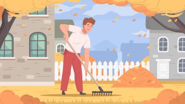Grass mowing cartoon poster with male in autumn backyard raking leaves vector illustration clipart