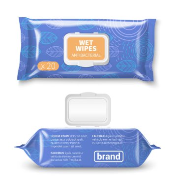 Islak mendiller, markalaştırma şablonu izole edilmiş vektör illüstrasyonu ile gerçekçi paket modelleme seti