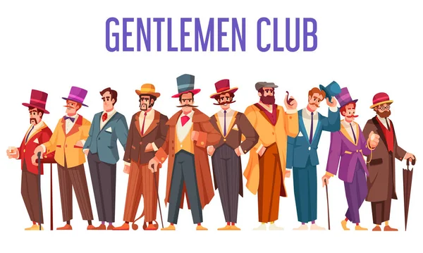 Gentlmen Klub Rajzfilm Koncepció Férfiak Régi Stílusú Divatos Ruházati Vektor — Stock Vector