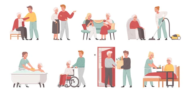 Iconos Dibujos Animados Cuidado Ancianos Con Cuidadores Que Ayudan Las — Vector de stock