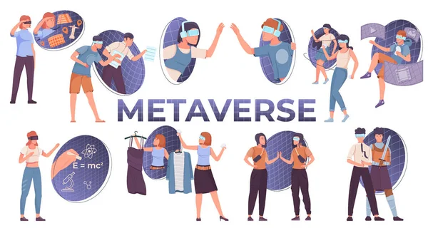Metaverse Platt Uppsättning Människor Som Gör Olika Aktiviteter Med Augmented — Stock vektor