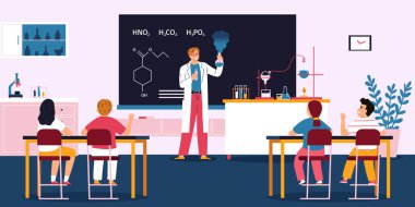 Kimya dersi sınıf içi. İlgili öğrencilerin erkek öğretmene baktığı, kimyasal deney düz vektör illüstrasyonları.