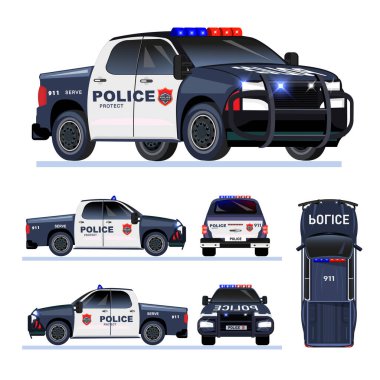 Farklı açılardan polis arabası üst arka cepheden düz görünüm izole edilmiş vektör çizimi