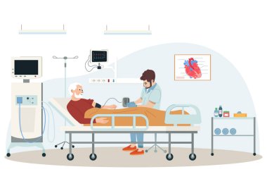 Kalp krizi belirtileri düz kompozisyon, ameliyat odası manzarası, hasta tıbbi ekipmanları ve çalışan doktor vektör çizimi.