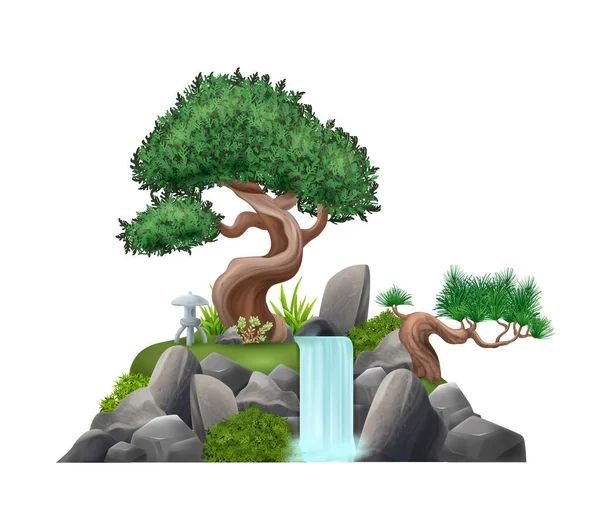 装飾的な滝ベクトル図と現実的な盆栽の木の組成 — ストックベクタ