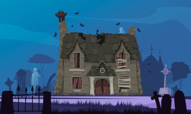 Terk edilmiş bina, hayalet ve mezarlık resimli korkunç ev çizgi filmi posteri.