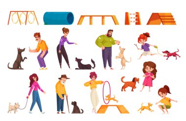 Evcil oyun alanı elemanları izole edilmiş vektör illüstrasyonlu Dag eğitim karikatür simgeleri