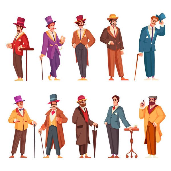 Gentlemen cartoon icons set with male aristocrats in fancy clothes isolated vector illustration